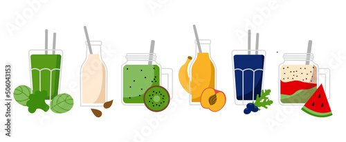 set of smoothie glass nutrition healthy spinach kiwi almond milk watermelon blueberry banana peach