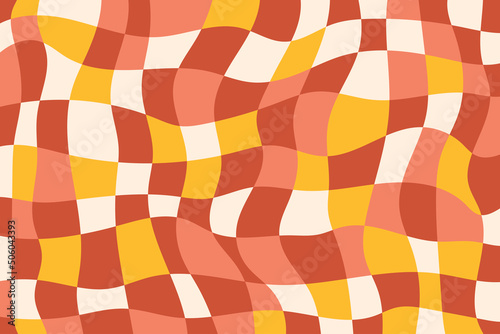 Distorted multi colored checkered background in retro style. Yellow, pink, red and beige colors cages. Vector geometric pattern. Groovy illustration.
