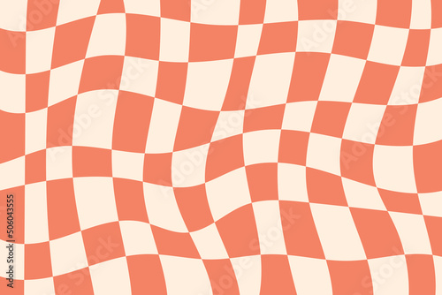 Distorted checkered background in retro style. Beige and pink colors cages. Vector groovy geometric illustration.