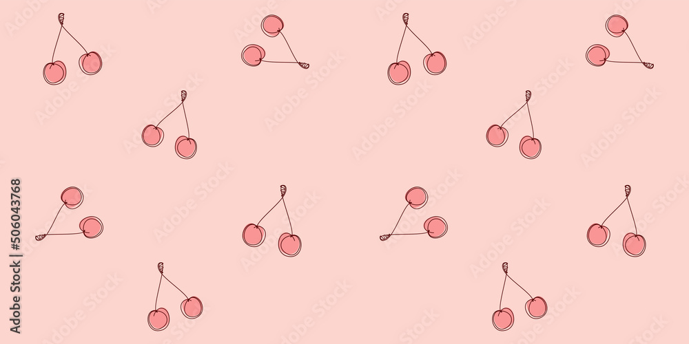 Outline pink cherry on a pale pink background. Endless texture with abstract berry. Vector seamless pattern for cover, wrapping paper, wrapper, surface texture, bed linen, printing on clothes and bags