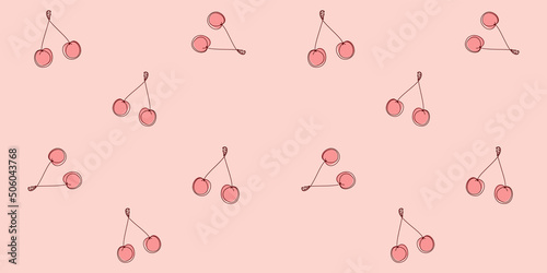 Outline pink cherry on a pale pink background. Endless texture with abstract berry. Vector seamless pattern for cover, wrapping paper, wrapper, surface texture, bed linen, printing on clothes and bags