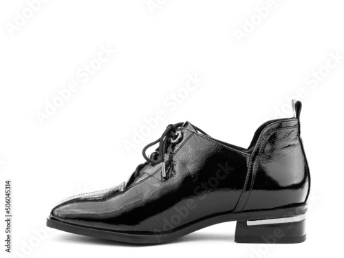 Obraz na płótnie Women's autumn leather jodhpur boots with laces and average heels, isolated white background. Left side view. Fashion shoes. Photoshoot for shoe shop w salonie
