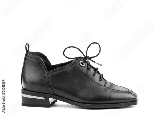 Women's autumn leather jodhpur boots with laces and average heels, isolated white background. Right side view. Fashion shoes. Photoshoot for shoe shop