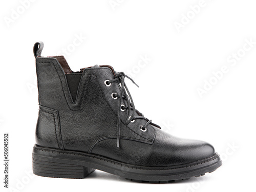 Obraz na płótnie Women's autumn black leather jodhpur boots with laces and average heels, isolated white background. Right side view. Fashion shoes. w salonie