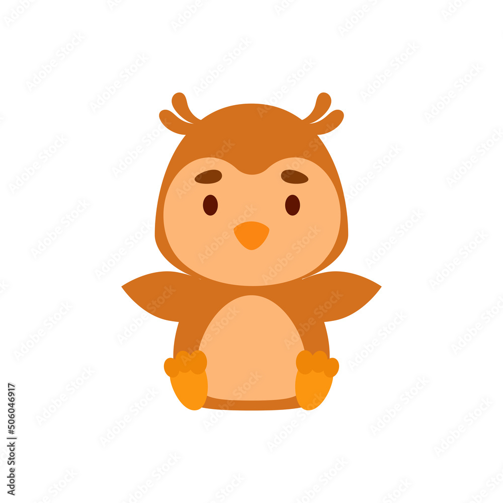 Cute little sitting owl. Cartoon animal character design for kids t-shirts, nursery decoration, baby shower, greeting cards, invitations, bookmark, house interior. Vector stock illustration Cute little sitting owl. Cartoon animal character design for kids t-shirts, nursery decoration, baby shower, greeting cards, invitations, bookmark, house interior. Vector stock illustration