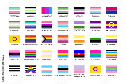 Large set of lgbtq community flags. LGBT Pride Month illustrations, LGBTQ concept. Gender equality and sexual identity, support for homosexuality. Icons set for International lgbt Pride Day.