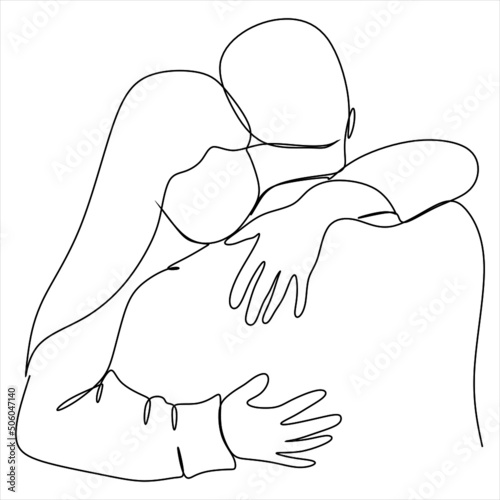 One continuous, single line drawing of a woman and a man. Hugs of a young couple, lovers, woman and man. Doodles. Romantic.
