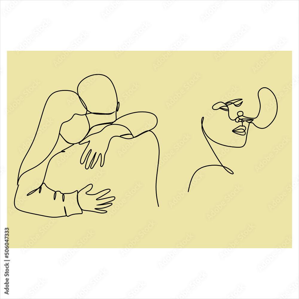 Couple kissing. Linear art. Line drawing of a man and a woman in love. Valentine's Day Minimalist modern card illustration. Wedding logo. Romantic card. Love concept. Fall in love Couple kissing. Linear art. Line drawing of a man and a woman in love. Valentine's Day Minimalist modern card illustration. Wedding logo. Romantic card. Love concept. Fall in love