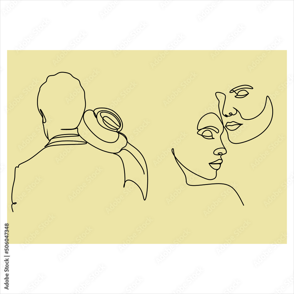 Couple kissing. Linear art. Line drawing of a man and a woman in love. Valentine's Day Minimalist modern card illustration. Wedding logo. Romantic card. Love concept. Fall in love Couple kissing. Linear art. Line drawing of a man and a woman in love. Valentine's Day Minimalist modern card illustration. Wedding logo. Romantic card. Love concept. Fall in love