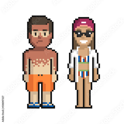 Pixel art set of cute boy and girl on the beach in summer on a white background.
