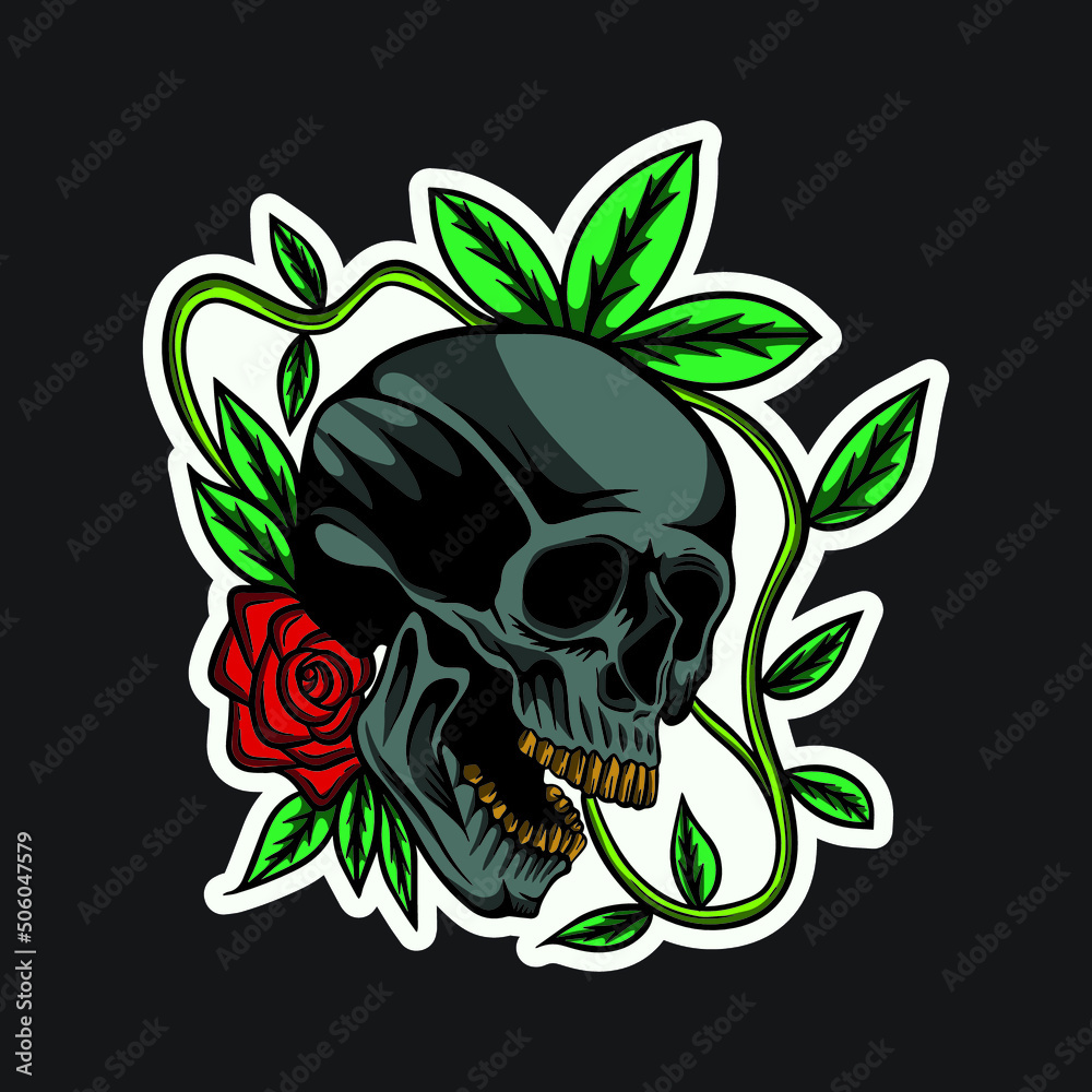 Fototapeta premium Skull With Roses Hand Drawn