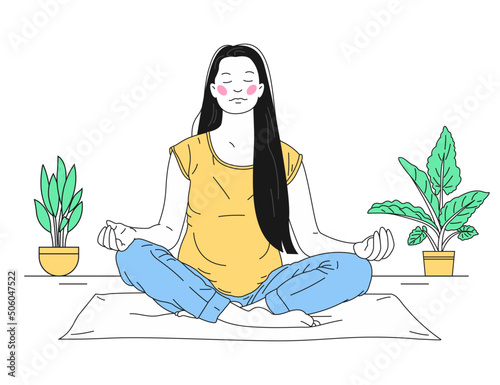 Young pregnant woman doing yoga and meditating at home. Health care, relaxation, and wellness concept. vector illustration. (ID: 506047522)