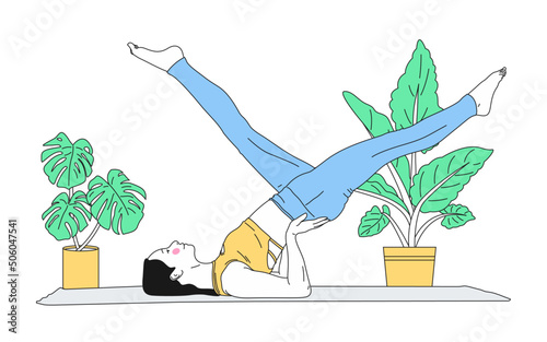 Women doing yoga and meditate at home. Health care, relaxation, and wellness concept. vector illustration. (ID: 506047541)