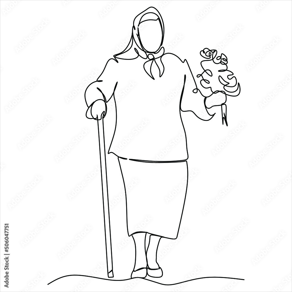 Elderly woman in the style of continuous drawing art. Minimalistic black linear sketch isolated on white background. Vector illustration Elderly woman in the style of continuous drawing art. Minimalistic black linear sketch isolated on white background. Vector illustration