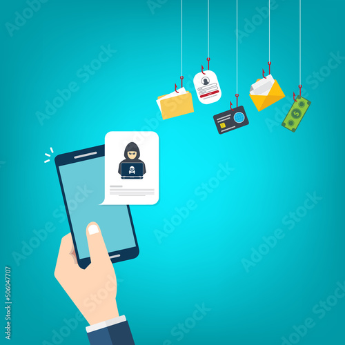 Hacker notification on mobile phone. Smartphone with hacker attack alert.
