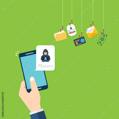 Hacker notification on mobile phone. Smartphone with hacker attack alert.