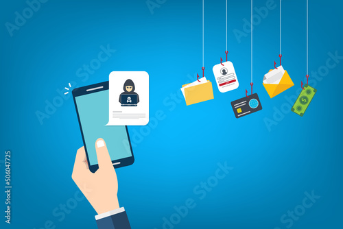 Hacker notification on mobile phone. Smartphone with hacker attack alert.
