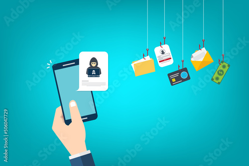 Hacker notification on mobile phone. Smartphone with hacker attack alert.