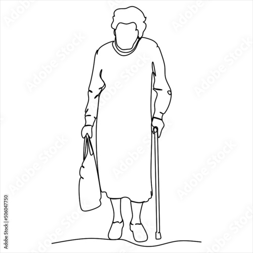 Elderly woman in the style of continuous drawing art. Minimalistic black linear sketch isolated on white background. Vector illustration