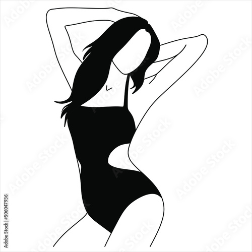 Vector illustration of a woman’s figure one-line drawing, contour drawing of girl, simple. Girl with her black underwear
