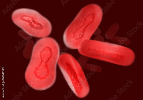 Monkeypox virus. Monkeypox molecule on red background. Human blood is infected. Atoms of fever in body. Virus threat to human health. Blood requiring treatment from monkeypox. 3d rendering. photo