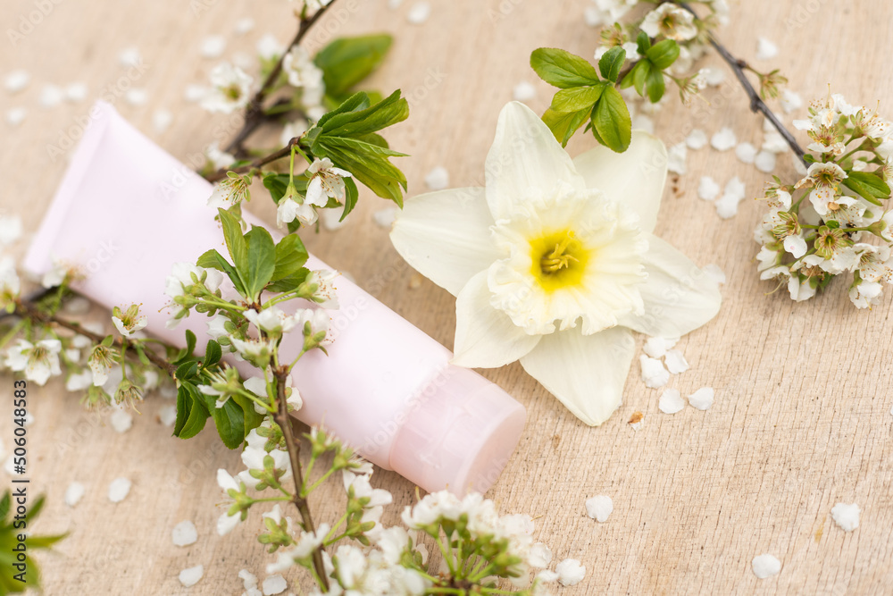 Blank white cosmetics tube and spring flowering tree branch with white flowers on pastel background. Front view