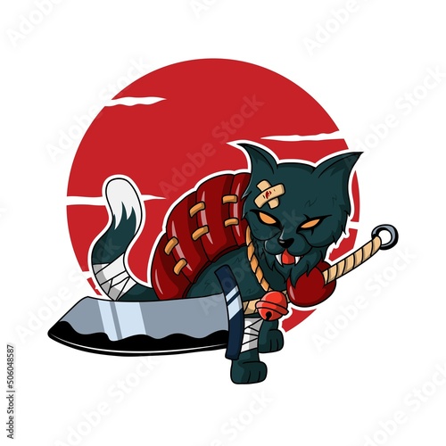 Japanese samurai cat vector illustration
