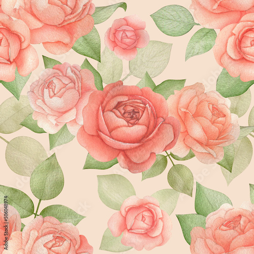 Botanical floral seamless pattern with Roses and Leaves. Watercolor rural romatic flowers on yellow background. Good for invitation, wedding or greeting cards, textiles, wrapping paper. Vintage style 