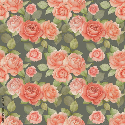 Botanical floral seamless pattern with Roses and Leaves. Watercolor romatic flowers on a Blue background. Good for invitation, wedding or greeting cards, textiles, wrapping paper. Vintage style