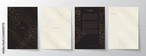 Luxury minimalistic A4 templates set. Black and white premium abstract backgrounds design with elegant geometric silver and golden patterns with linear triangles for invitation, card or notebook cover