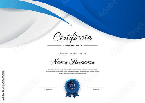 Modern elegant blue and black diploma certificate template. Certificate of achievement border template with luxury badge and modern line pattern. For award, business, and education needs