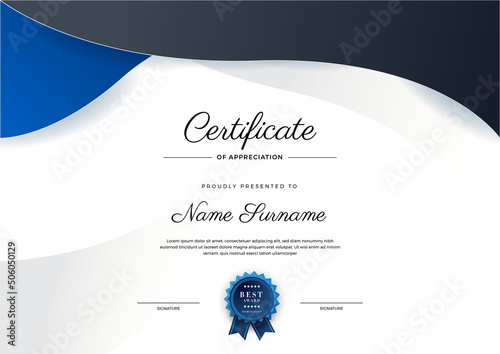 Modern elegant blue and black diploma certificate template. Certificate of achievement border template with luxury badge and modern line pattern. For award, business, and education needs