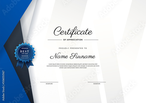 Modern elegant blue and black diploma certificate template. Certificate of achievement border template with luxury badge and modern line pattern. For award, business, and education needs