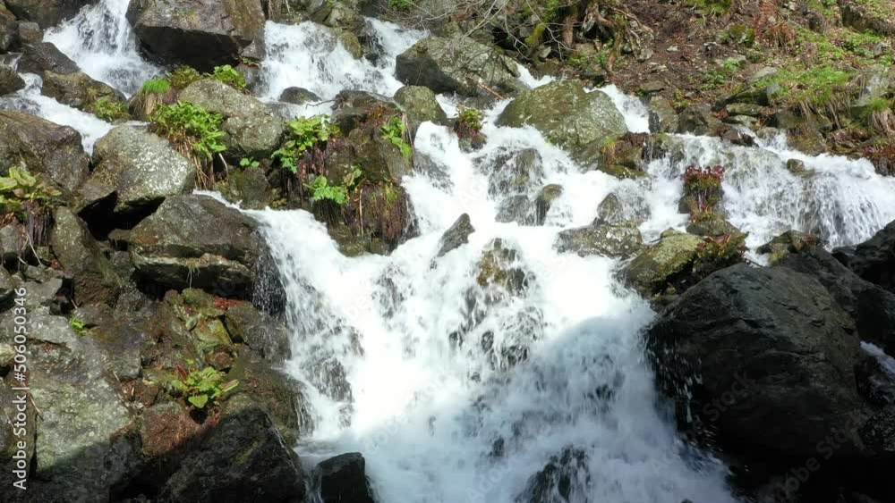 Brook and cascades of Praskalo Waterfalls in the lush and green Balkans, Bulgaria. Cascade waterfall. Streams of water among the mountains, huge boulders and fallen trees. Clean, clear mountain river. Brook and cascades of Praskalo Waterfalls in the lush and green Balkans, Bulgaria. Cascade waterfall. Streams of water among the mountains, huge boulders and fallen trees. Clean, clear mountain river.