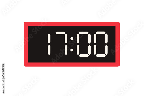 Vector flat illustration of a digital clock displaying 17.00 . Illustration of alarm with digital number design. Clock icon for hour, watch, alarm signs.