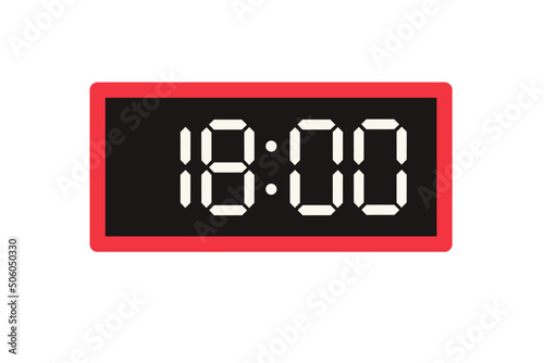 Vector flat illustration of a digital clock displaying 18.00 . Illustration of alarm with digital number design. Clock icon for hour, watch, alarm signs.