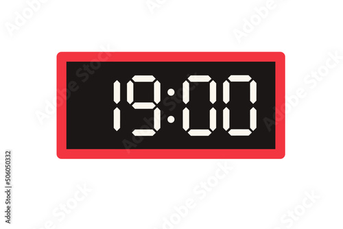 Vector flat illustration of a digital clock displaying 19.00 . Illustration of alarm with digital number design. Clock icon for hour, watch, alarm signs.