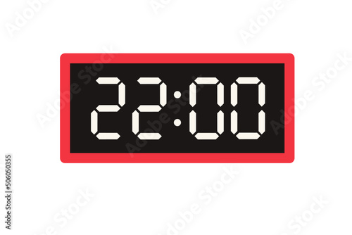 Vector flat illustration of a digital clock displaying 22.00 . Illustration of alarm with digital number design. Clock icon for hour, watch, alarm signs.