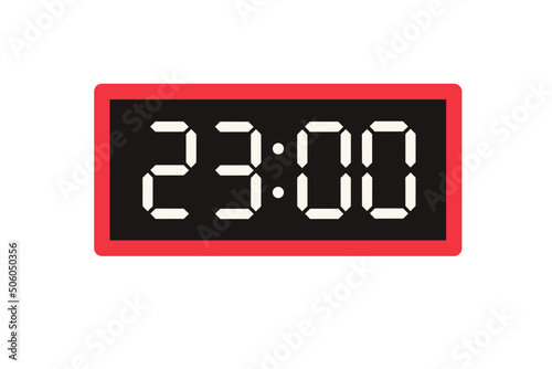 Vector flat illustration of a digital clock displaying 23.00 . Illustration of alarm with digital number design. Clock icon for hour, watch, alarm signs.