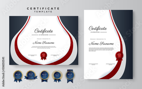 Red black and gold certificate of achievement template with gold badge and border