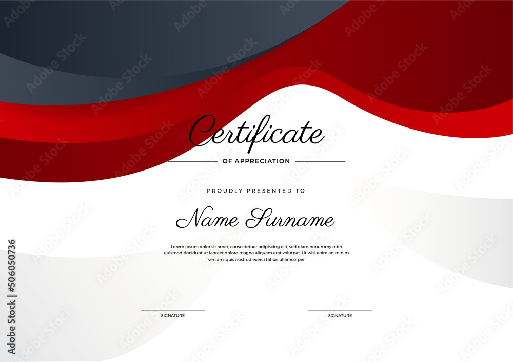Modern red black certificate of achievement template with gold badge ...