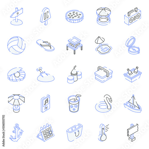 Summer Holidays Outline Isometric Icons 