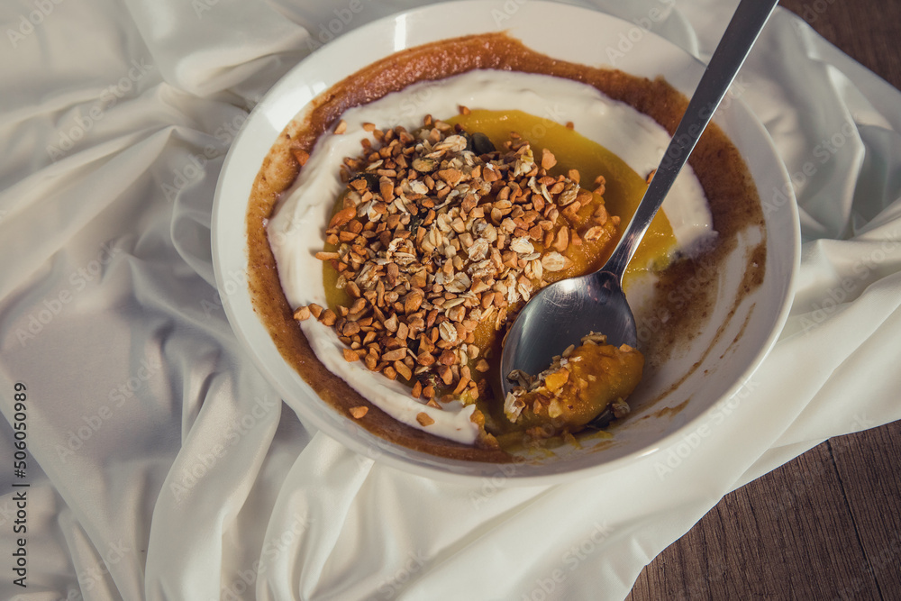 Delicious and healthy smoothie bowl in an intimate setting. Top view and copy space. Delicious and healthy smoothie bowl in an intimate setting. Top view and copy space.
