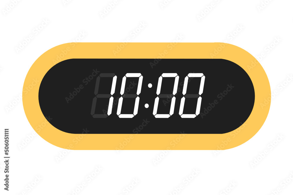 Vector flat illustration of a digital clock displaying 10.00 . Illustration of alarm with digital number design. Clock icon for hour, watch, alarm signs.