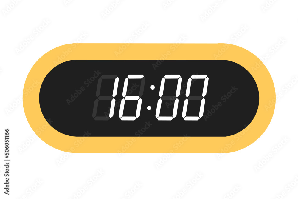 Vector flat illustration of a digital clock displaying 16.00 . Illustration of alarm with digital number design. Clock icon for hour, watch, alarm signs. Vector flat illustration of a digital clock displaying 16.00 . Illustration of alarm with digital number design. Clock icon for hour, watch, alarm signs.