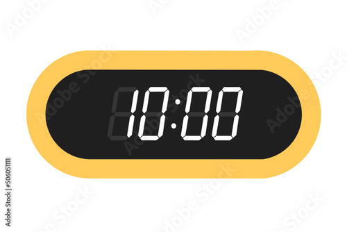 Vector flat illustration of a digital clock displaying 10.00 . Illustration of alarm with digital number design. Clock icon for hour, watch, alarm signs.