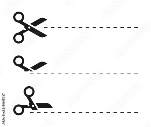 Black scissors icon set with cut line on white background