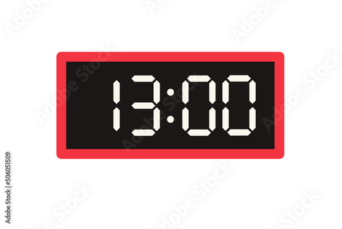 Vector flat illustration of a digital clock displaying 13.00 . Illustration of alarm with digital number design. Clock icon for hour, watch, alarm signs.