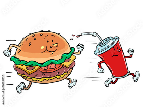 Fast food characters burger and cola drink run. Sports lifestyle and street food