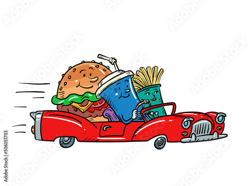 Road restaurant, fast food characters burger drink cola and french fries friends driving car